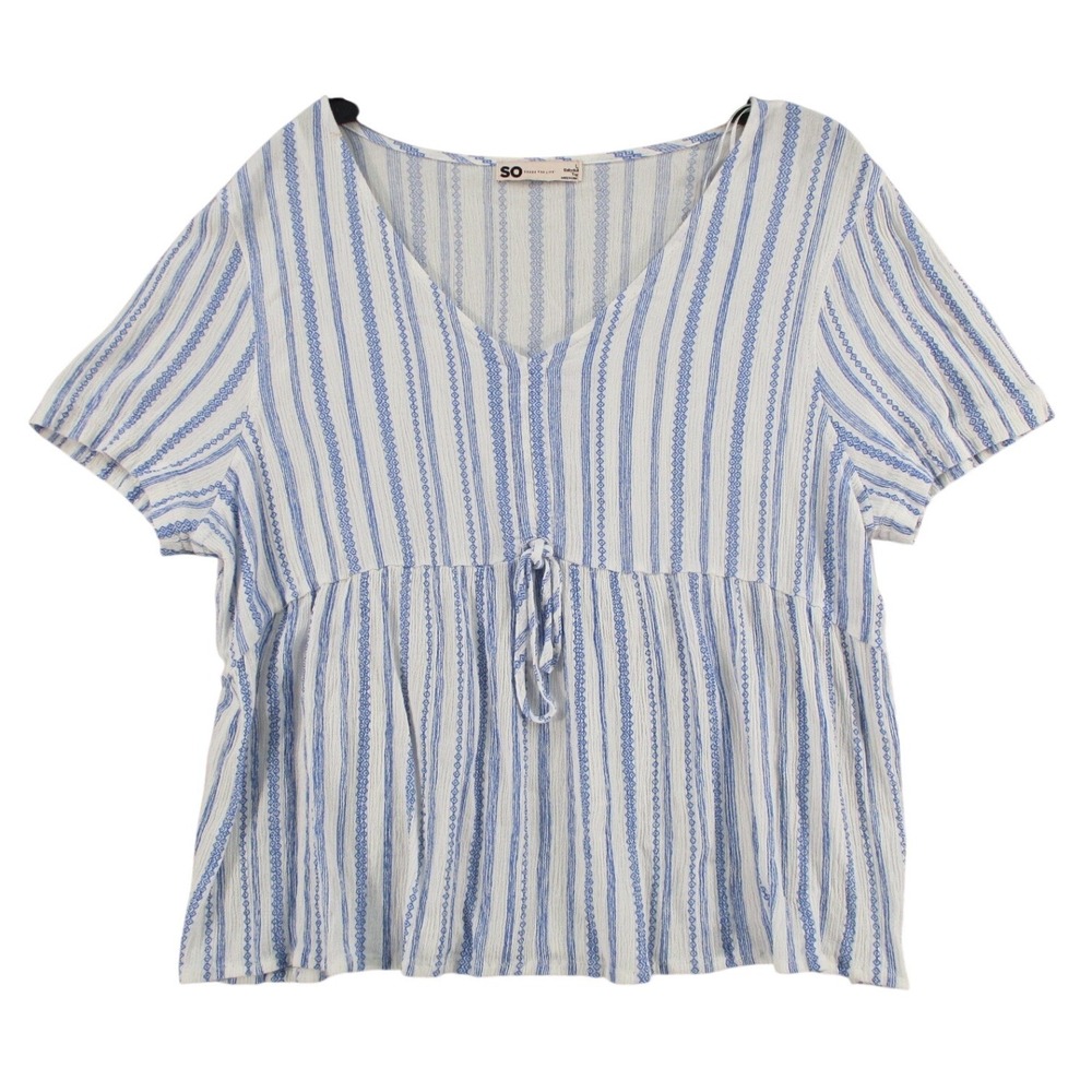 SO Authentic American Heritage Blue White Striped Babydoll Top V-Neck Size L